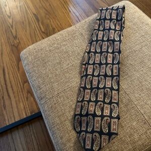 Barneys New York Black Silk Tie with Red and Gold Paisley Motif